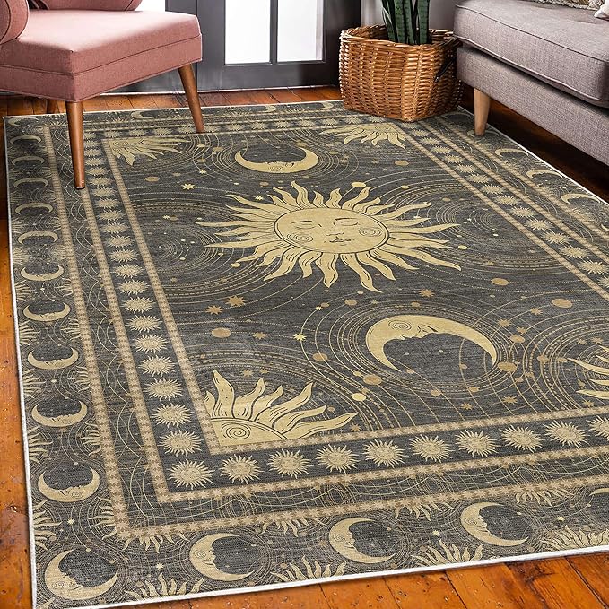 Ambesonne Sun and Moon Decorative Rug, Bohemian Art Design of Crescent Solar Ornament Esoteric Stars, Quality Carpet for Bedroom Dorm and Living Room, 5' 1" X 7' 5", Charcoal Grey Sand Brown