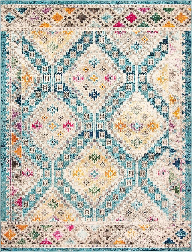 SAFAVIEH Madison Collection Area Rug - 9' x 12', Dark Blue & Yellow, Boho Diamond Distressed Design, Non-Shedding & Easy Care, Ideal for High Traffic Areas in Living Room, Bedroom (MAD418N)