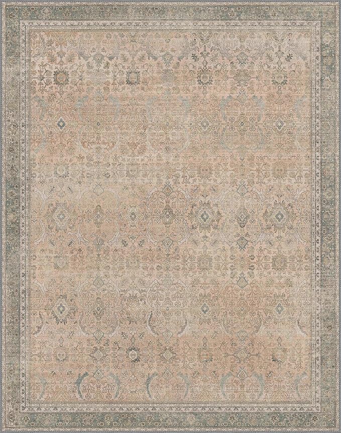 8x10 Area Rug Machine Washable Boho Rug for Living Room,Ultra-Thin Low Pile Carpet,Lightweight Indoor Printed Rug,Non Slip Floral Area Rug for Bedroom, Dining Room, Home Office,Light Beige