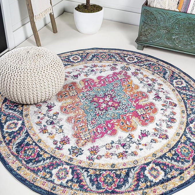 JONATHAN Y Boho Vintage Blue/Multi 8' Round Area Rug, Bohemian Flair Medallion, Floral Easy-Cleaning High Traffic for Living Room, Bedroom, Kitchen, Pet-Friendly, Non Shedding (BMF106A-8R)