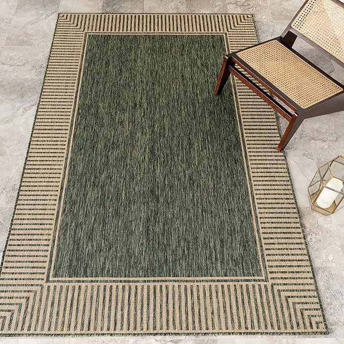 Nuloom Asha Green/Brown, 8' x 10', Casual, Striped Border, Soft and Cozy, High Traffic, Stain Resistant, Easy Clean, Durable Area Rug for Indoor/Outdoor Patio, Deck, Porch, Garden, Courtyard