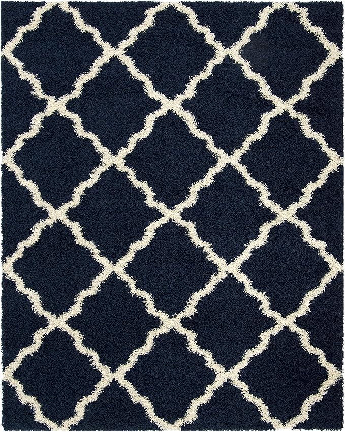 SAFAVIEH Area Rug 8x10 - Dallas Shag Collection - Large - Navy & Ivory, Trellis Pattern, Non-Shedding & Easy Cleaning, Plush Thick Pile, Ideal for Living Room, Bedroom, Dining Space (SGD257N)