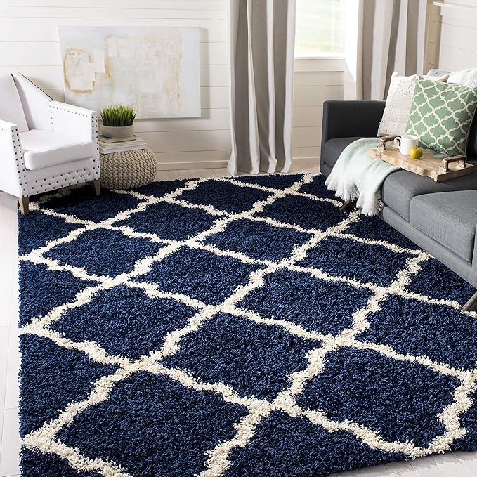 SAFAVIEH Dallas Shag Collection X-Large Area Rug - 11' x 15', Navy & Ivory, Trellis Design, Non-Shedding & Easy Care, 1.5-inch Thick Ideal for High Traffic Areas in Living Room, Bedroom (SGD257N)