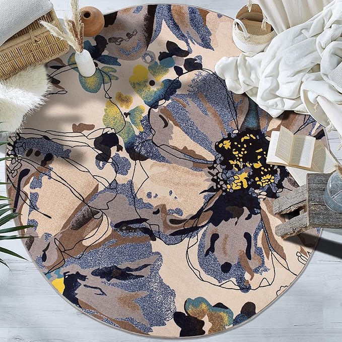 Rugshop Cream Bright Flowers Non Slip Non-Shedding Round Area Rug for Living Room, Dining Room and Bedroom, 8'