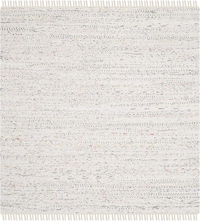 SAFAVIEH Rag Rug Collection Area Rug - 4' Square, Ivory & Multi, Handmade Boho Stripe Cotton, Ideal for High Traffic Areas in Living Room, Bedroom (RAR121G)