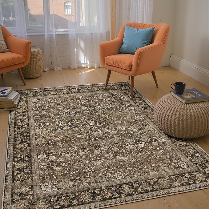 HUGEAR 3x5 Machine Washable Rugs Brown Hallway Area Rug Indoor Accent Rug Floral Low Pile Carpet Soft Throw Rug Bedroom Living Room Office Dining Room Kitchen Laundry Room Non Slip