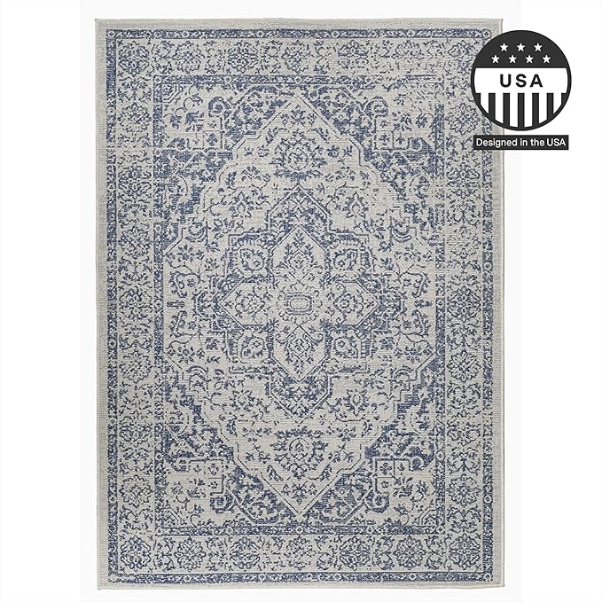 FH Home Flat Woven Outdoor Rug - Waterproof, Easy to Clean, Stain Resistant - Premium Polypropylene Yarn - Vintage - Patio, Porch, Deck, Balcony - Ankara - Distressed Blue - 5ft 2in x 7ft 6in