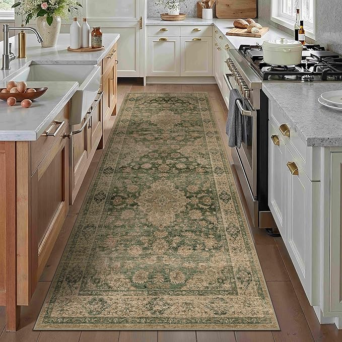 HUGEAR 3x10 Runner Rug Hallway Machine Washable Retro Green Vintage Floral Low Pile Carpet Distressed Long Throw Rug Bedroom Office Bathroom Kitchen Laundry Non Slip Soft Lightweight