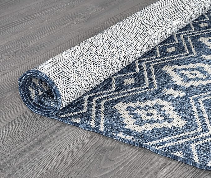 Beverly Rug Waikiki Boho Indoor Outdoor Rug 5x7, Washable Outside Carpet for Patio, Deck, Porch, Bohemian Area Rug, Farmhouse Rugs, Aztec Tribal Rug, Azure and White