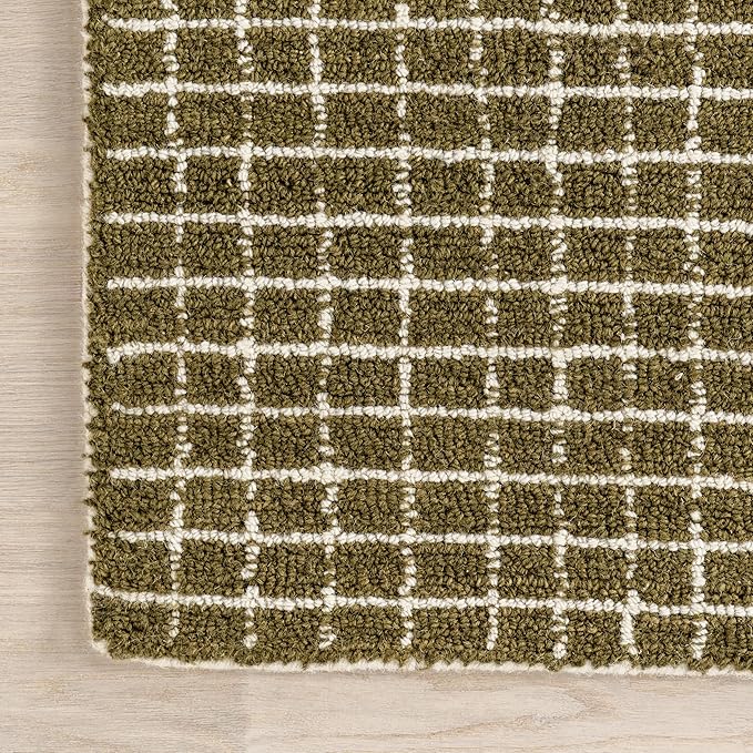 Rugs USA 2'6" x 8' Melrose Checked Wool Indoor Runner Rug, Contemporary Farmhouse Moss/Ivory for Living Room, Bedroom, Office, Entryway, Hallway