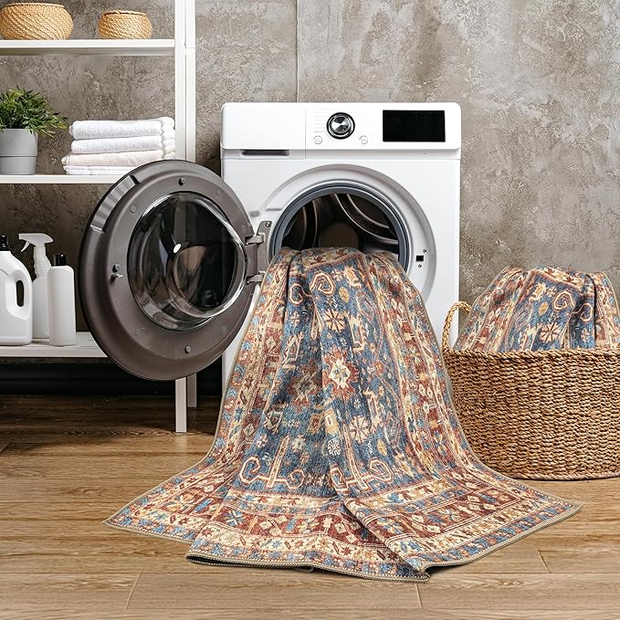 GLN Rugs Traditional Collection - Machine Washable Area Rug, Traditional Washable, Non Slip, Low Pile Chenille Rug, Living Room, Bedroom, Kitchen Rug (2'6" x 7' Terra/Slate Blue)