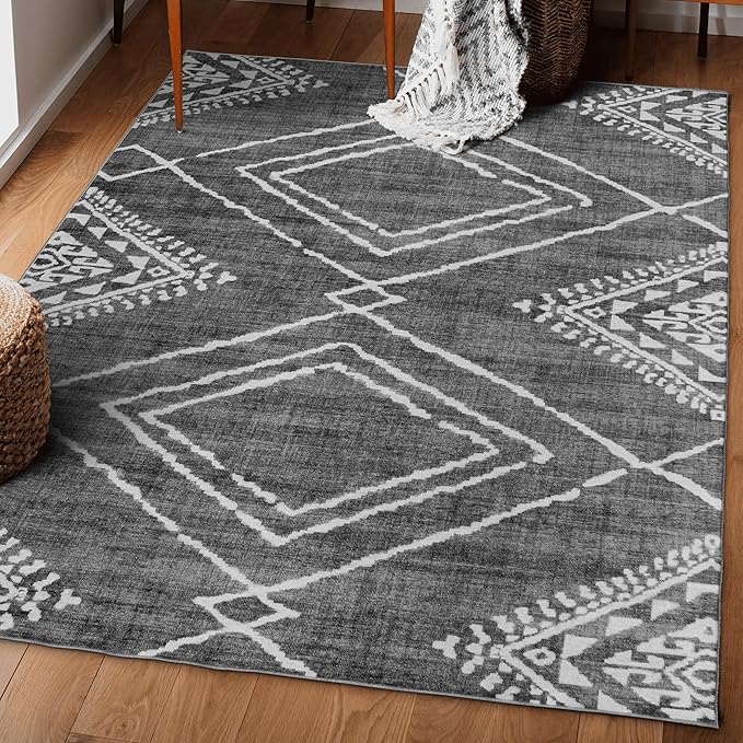 ReaLife Rugs Machine Washable Area Rug - Living Room Bedroom Bathroom Kitchen Entryway Office - Padded Low Pile Stain Resistant Premium - Moroccan Diamond Tribal - Jax - Gray 5' x 7'