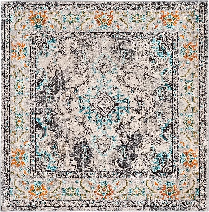 SAFAVIEH Monaco Collection Area Rug - 3' Square, Grey & Light Blue, Boho Chic Medallion Distressed Design, Non-Shedding & Easy Care, Ideal for High Traffic Areas in Living Room, Bedroom (MNC243G)