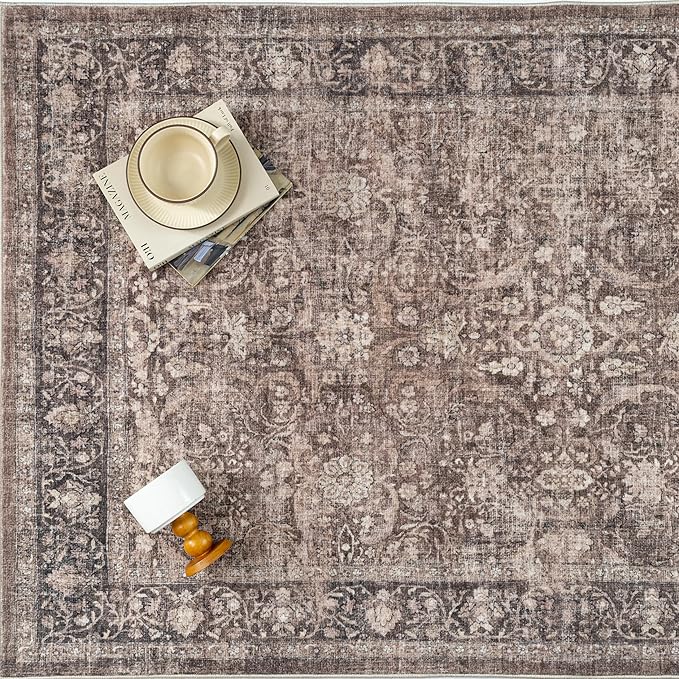 6x9 Brown Washable Area Rug for Living Room Bedroom Neutral Vintage Soft Non Slip Rug Low Pile Distressed Carpet for Dining Room Nursery Office Indoor