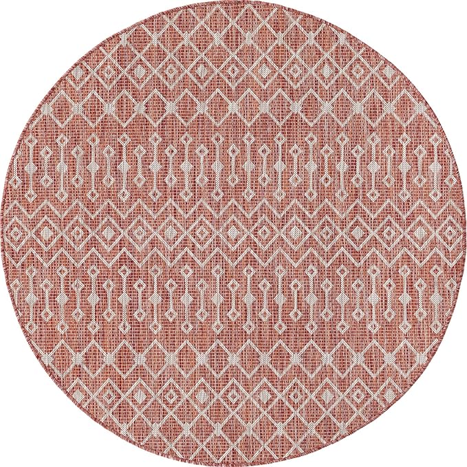 Unique Loom Outdoor Trellis Collection Area Rug - Tribal Trellis (5' 3" Round, Rust Red/ Ivory)