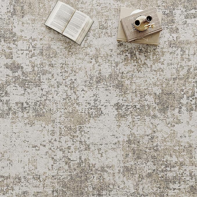 Modern Abstract Beige Gray Area Rug 5x7 Machine Washable Large Carpet Neutral Kitchen Indoor Accent Throw Low Pile Non Slip Distressed Living Dining Room Bedroom Office