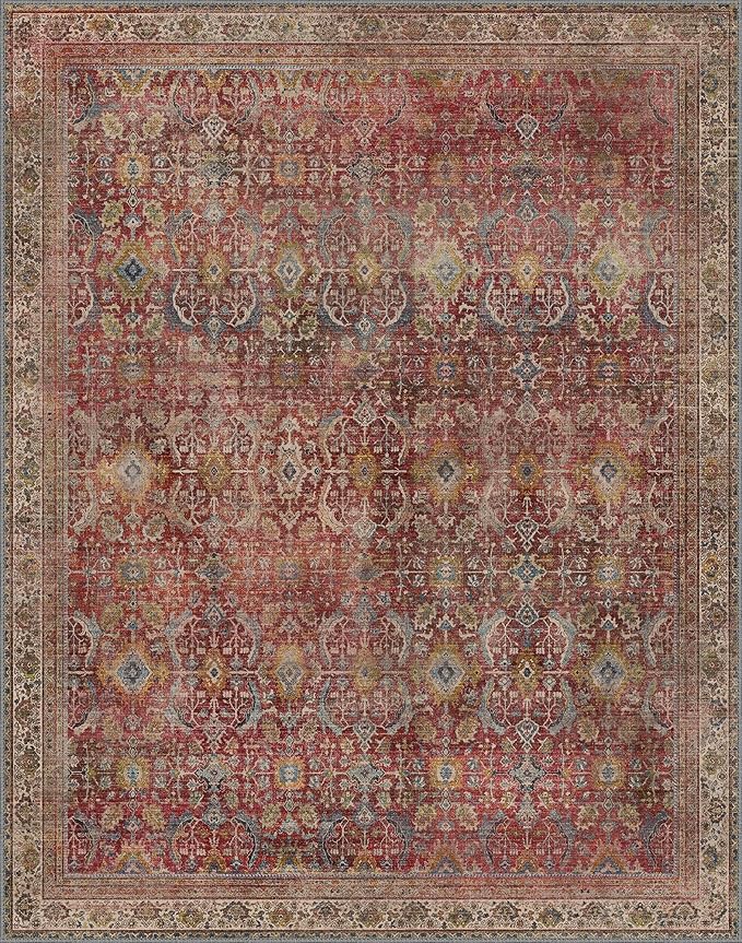 8x10 Area Rug Machine Washable Boho Rug for Living Room,Ultra-Thin Low Pile Carpet,Lightweight Indoor Printed Rug,Non Slip Floral Area Rug for Bedroom, Dining Room, Home Office,Burgundy Red