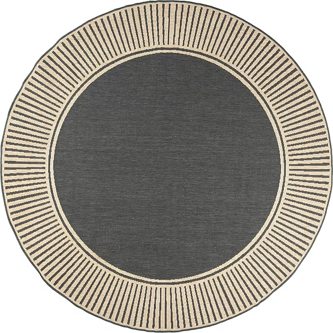 Nuloom Asha Dark Grey/Ivory, 6'7" Round, Casual, Striped Border, Soft and Cozy, High Traffic, Stain Resistant, Easy Clean, Durable Area Rug for Indoor/Outdoor Patio, Deck, Porch, Garden, Courtyard