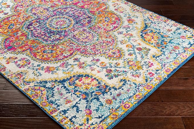 Livabliss Area Rugs - 7x7 Romaine Vintage Boho Fuchsia Mustard Blue Square Area Rug for Living Room Bedroom - Floral Medallion Stain Resistant Carpet for Kitchen, Nursery, Office (6'7" Square)