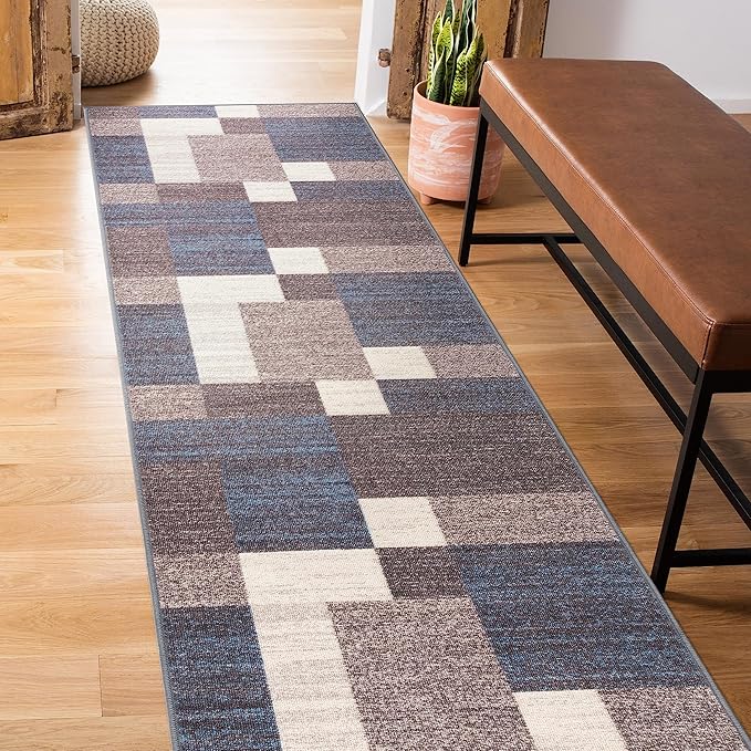 Rugshop Contemporary Blue Geometric Boxes Non-Slip Area Rug Non-Shedding for Living Room, Dining Room and Office, 2" x 7" (22" X 84")
