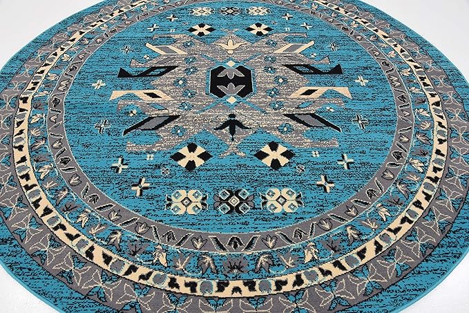 Unique Loom Taftan Collection Border Geometric Tribal Inspired Design Area Rug (8' 0 x 8' 0 Round, Turquoise/ Gray)