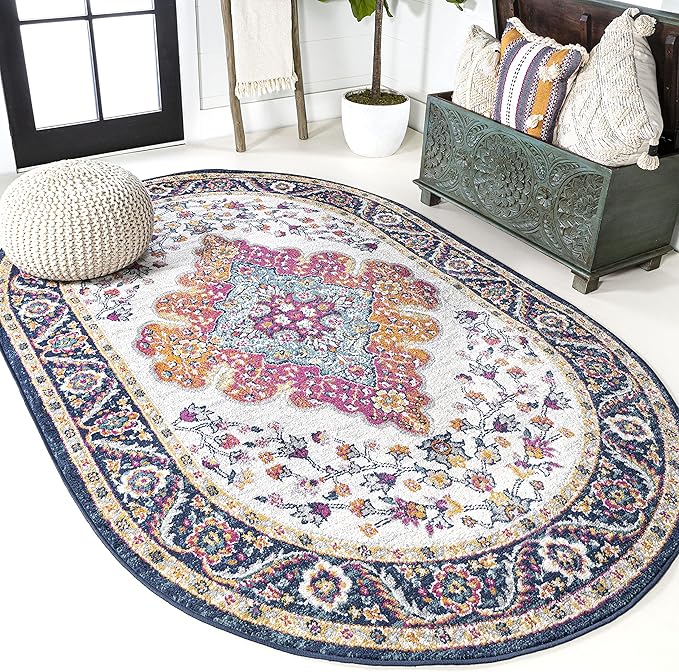 JONATHAN Y Boho Vintage Blue/Multi 3x5 Oval Area Rug, Bohemian Flair Medallion, Floral Easy-Cleaning High Traffic for Living Room, Bedroom, Kitchen, Pet-Friendly, Non Shedding (BMF106A-3OV)