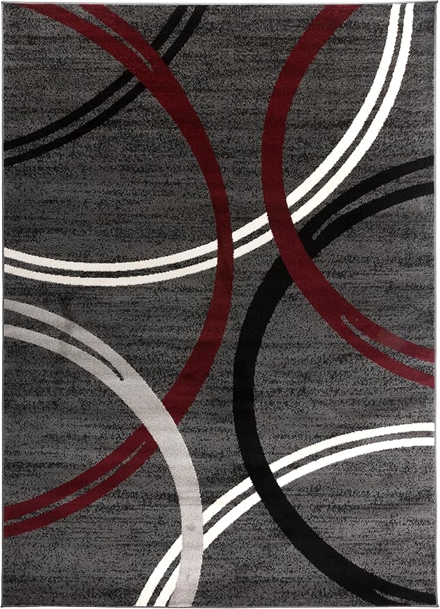 Rugshop Modern Wavy Circles Design Non-Shedding Area Rug, Carpet for Living Room, Dining Room, or Bedroom, Red, 7'10" x 10'2"