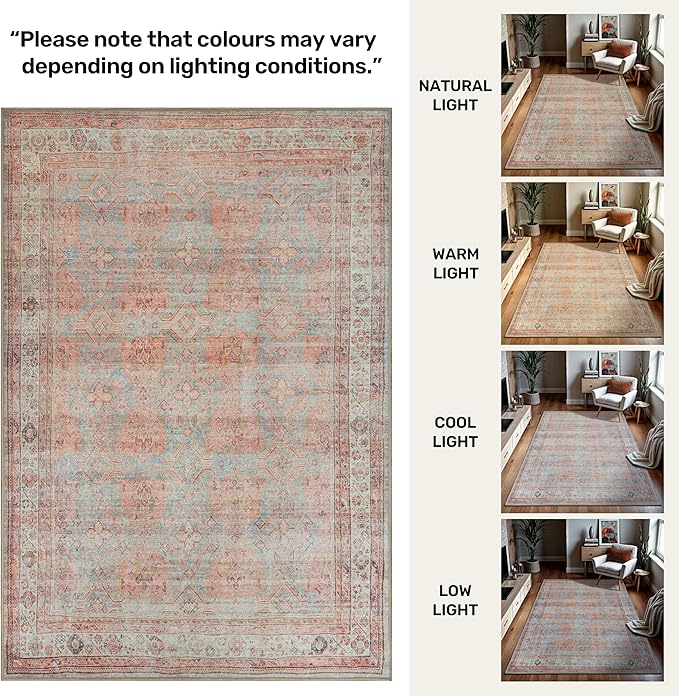 GLN Rugs Traditional Collection - Machine Washable Area Rug, Traditional Washable, Non Slip, Low Pile Chenille Rug, Living Room, Bedroom, Kitchen Rug (2'6" x 7' Terra/Multicolor 1153)