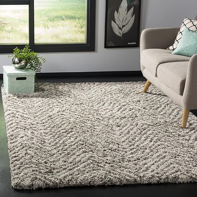 SAFAVIEH Hudson Shag Collection Area Rug - 3' Square, Ivory & Grey, Chevron Design, Non-Shedding & Easy Care, 2-inch Thick Ideal for High Traffic Areas in Living Room, Bedroom (SGH375A)