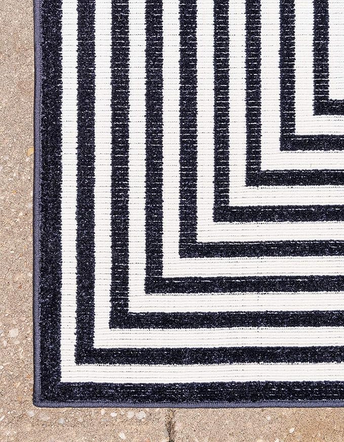 Unique Loom Sabrina Soto Outdoor Collection Geometric, Modern, Vibrant, Carved Area Rug (9' 0 x 12' 0 Rectangular, Navy Blue/ Ivory)