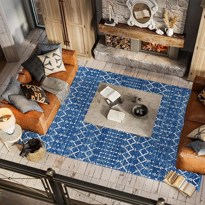 JONATHAN Y Boho Vintage Diamond Blue/White Indoor Area Rug 8X10 ft, Moroccan Hype for Living Room, Bedroom, Kitchen, Office, Easy-Cleaning, High Traffic, Pet-Friendly, Non-Shedding (MOH101A-8)