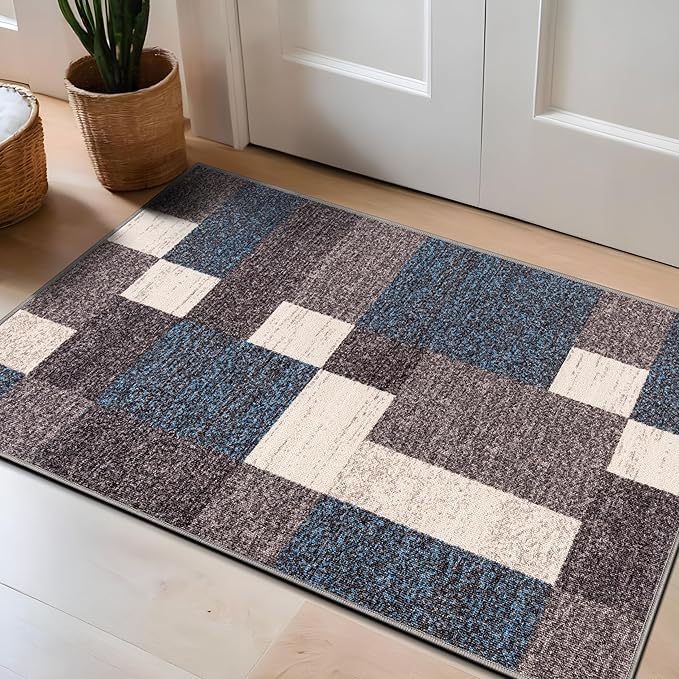 Rugshop Modern Boxes Design Non-Slip (Non-Skid) Carpet Mat Area Rug for Entryway,Door Rug,Kitchen 2'7" x 4' Blue