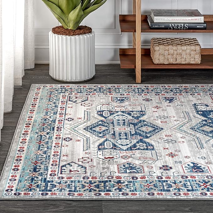 JONATHAN Y Modern Vintage Medallion Blue/Light Grey Indoor Area Rug, 8x10, Country, Floral, Easy-Cleaning for Living Room, Bedroom, Kitchen, Pet Friendly, Non-Shedding (MDP108A-8)