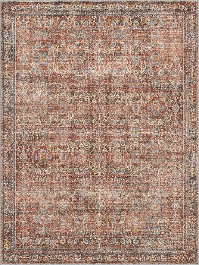 9x12 Area Rug Machine Washable Boho Rug for Living Room,Ultra-Thin Low Pile Carpet,Lightweight Indoor Printed Rug,Non Slip Floral Area Rug for Bedroom, Dining Room, Home Office,Terracotta/Indigo