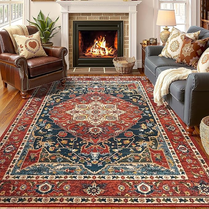 YJ.GWL Area Rugs for Living Room 5x7 Machine Washable Rugs, Non Slip Floral Vintage Rug Indoor Carpet, Stain Resistant Large Rug for Bedroom Dining Room, Orange-Red