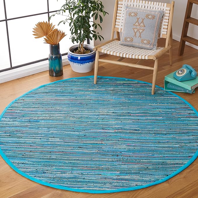 SAFAVIEH Rag Rug Collection Area Rug - 6' Round, Blue & Multi, Handmade Boho Stripe Cotton, Ideal for High Traffic Areas in Living Room, Bedroom (RAR121B)