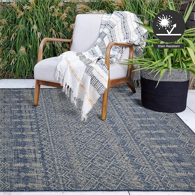 FH Home Flat Woven Outdoor Rug - Waterproof, Easy to Clean, Stain Resistant - Premium Polypropylene Yarn - Boho Moroccan - Large Patio, Deck, Sunroom - Dakar - Blue - 7ft 10in x 10ft 9in