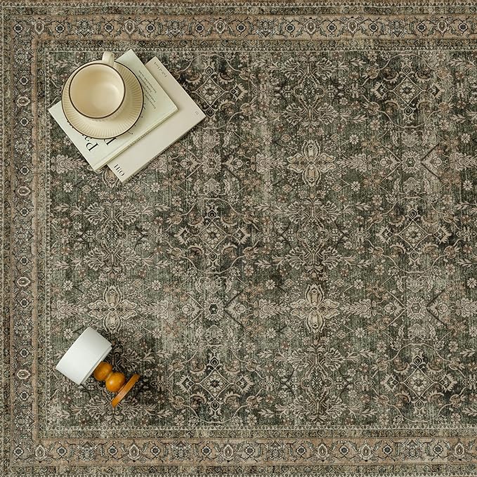 6x9 Area Rug for Living Room Green Brown Vintage Washable Bedroom Carpet Traditional Distressed Soft Non Slip Indoor Large Accent Rug Retro Thin Low Pile Floor Cover for Dining Room Playroom