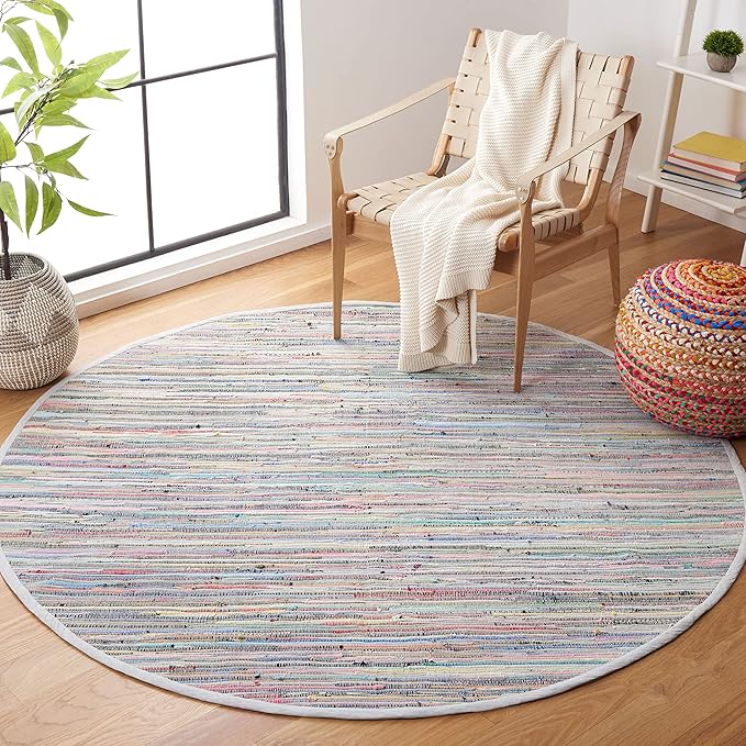 SAFAVIEH Rag Rug Collection 4' Round Grey/Multi RAR121M Handmade Boho Stripe Cotton Area Rug