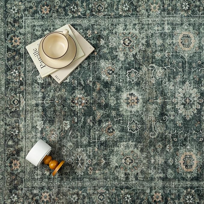 8x10 Washable Area Rug for Living Room Bedroom Green Vintage Distressed Rustic Large Carpet Non-Slip Low Pile Lightweight Vacuumable Soft Throw Rug for Indoor Dining Room