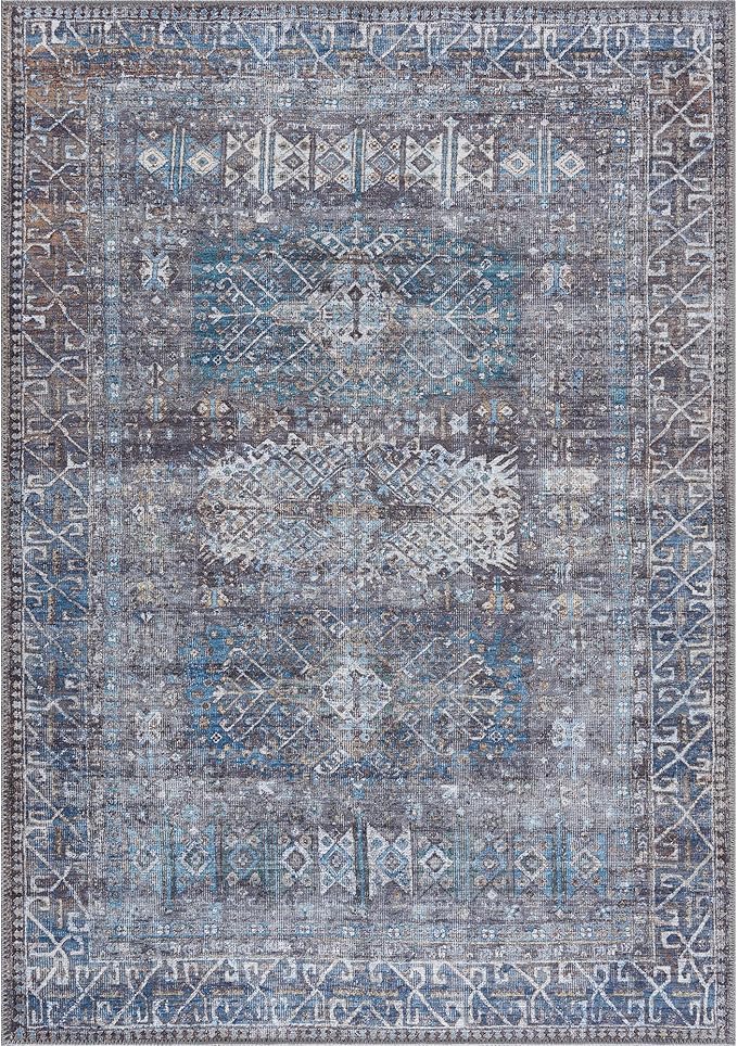 Bloom Rugs Washable 4' x 6' Rug - Slate Gray/Blue Traditional Area Rug for Living Room, Bedroom, Dining Room, and Kitchen - Exact Size: 4' x 6'