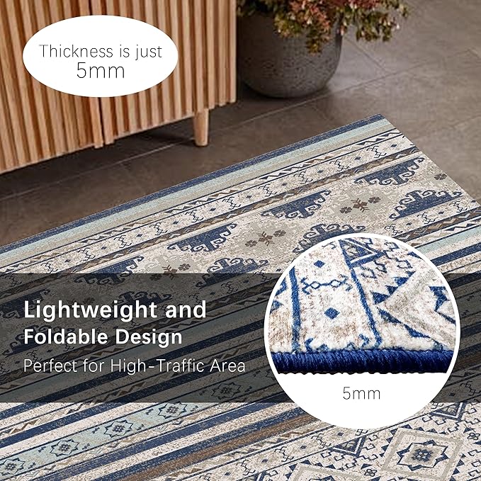 RUGSURE Washable Area Rugs 8' x 10' - 1/6 Thick - Moroccan-Inspired -Stain & Water Resistant Non-Slip - Resistant Rug for Living Room, Bedroom, Nursery, Pet & Child Friendly (Blue and Brown)
