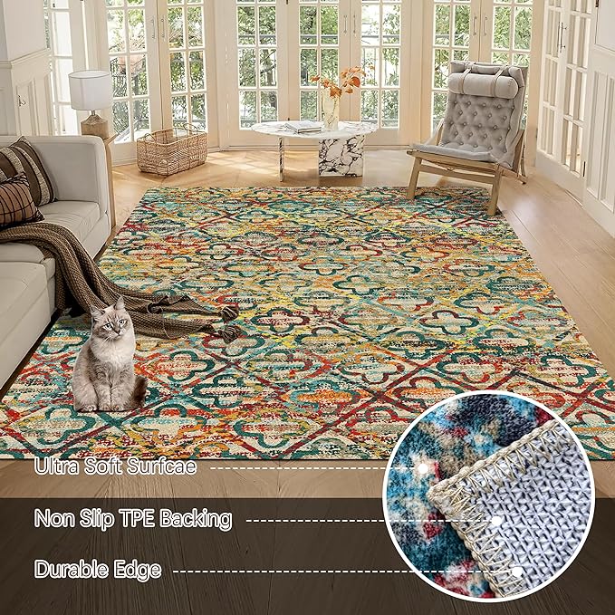 RUGSURE Washable Area Rugs, 3' x 5 ' - 1/6 Thick - Stain & Water Resistant Non-Slip - Perfect Resistant Rug for Living Room, Bedroom, Nursery, Pet & Child Friendly, Vibrant Colors Rugs, Multicolor