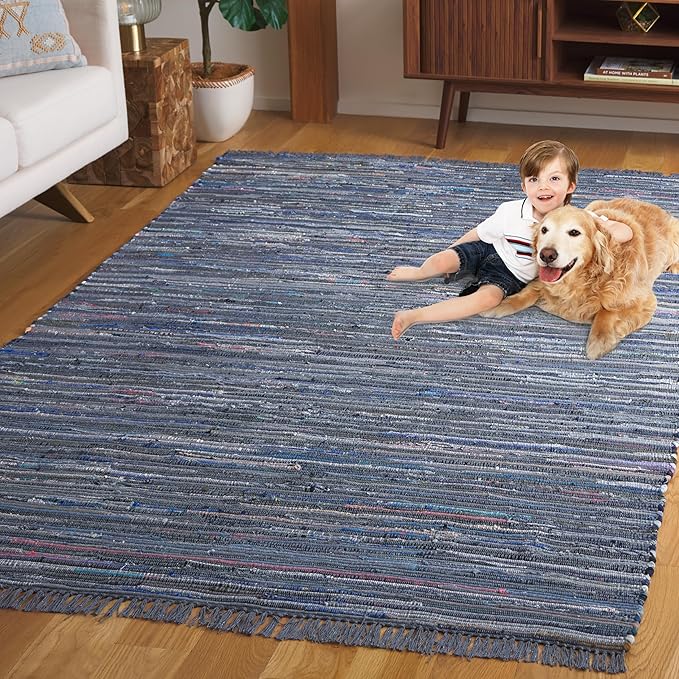 SAFAVIEH Rag Rug Collection Area Rug - 6' x 9', Ink & Multi, Handmade Boho Stripe Cotton, Ideal for High Traffic Areas in Living Room, Bedroom (RAR121C)