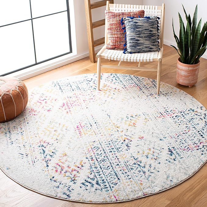SAFAVIEH Tulum Collection Area Rug - 9' Round, Ivory & Blue, Moroccan Boho Tribal Design, Non-Shedding & Easy to Clean, Ideal for Living Room, Bedroom, Dining Space (TUL272C)