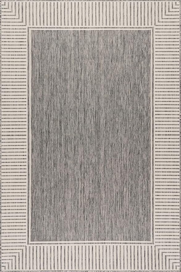 Nuloom Asha Grey/Ivory, 4' x 6', Casual, Striped Border, Soft and Cozy, High Traffic, Stain Resistant, Easy Clean, Durable Area Rug for Indoor/Outdoor Patio, Deck, Porch, Garden, Courtyard