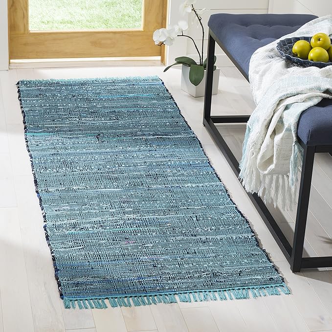 SAFAVIEH Rag Rug Collection Runner Rug - 2'3" x 11', Blue & Multi, Handmade Boho Stripe Cotton, Ideal for High Traffic Areas in Living Room, Bedroom (RAR121B)