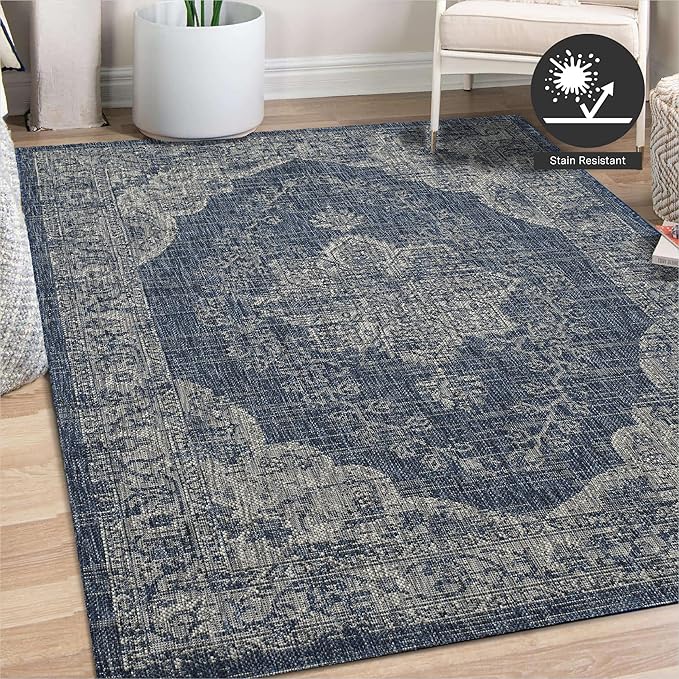 FH Home Outdoor Rug - Waterproof Easy to Clean Stain Resistant - Patio Indoor Outdoor Porch Deck Balcony Entryway - Vintage Distressed - Gorgan - Blue - 5ft 2in x 7ft 6in