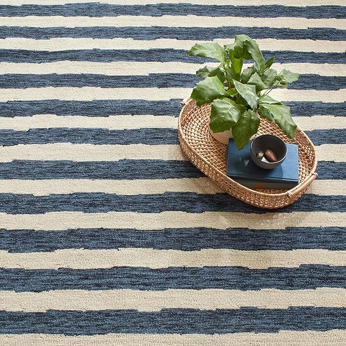 Dash & Albert Silas Stripe Navy Hand Micro Hooked Wool Rug, Runner-2.5 X 8 Feet, Blue Stripe Pattern - Premium Luxury Hotel Quality Soft Breathable Hypoallergenic Machine Washable Easy Care All