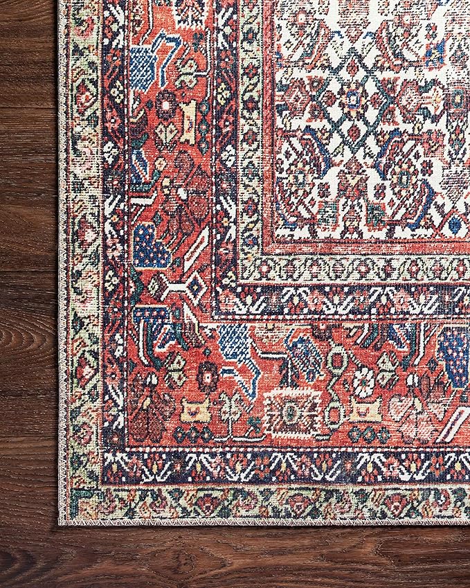 Loloi Layla Collection LAY-12 Ivory/Brick 7'-6" x 9'-6" .13" Thick Area Rug, Soft, Durable, Vintage Inspired, Distressed, Low Pile, Non-Shedding, Easy Clean, Printed, Living Room Rug